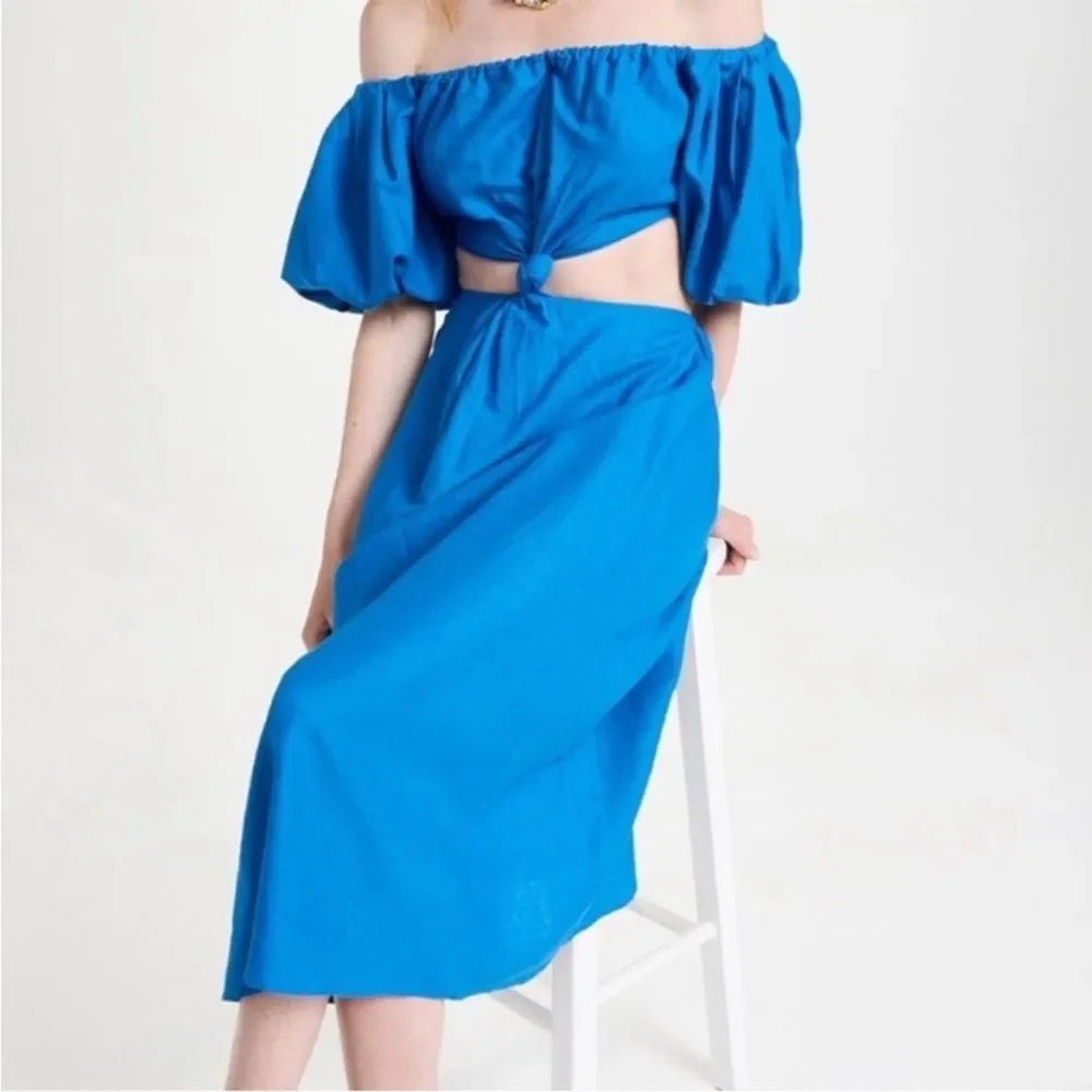 Farm Rio Knotted Linen Blend Blue Midi Cut Out Dress Off Shoulder Size L